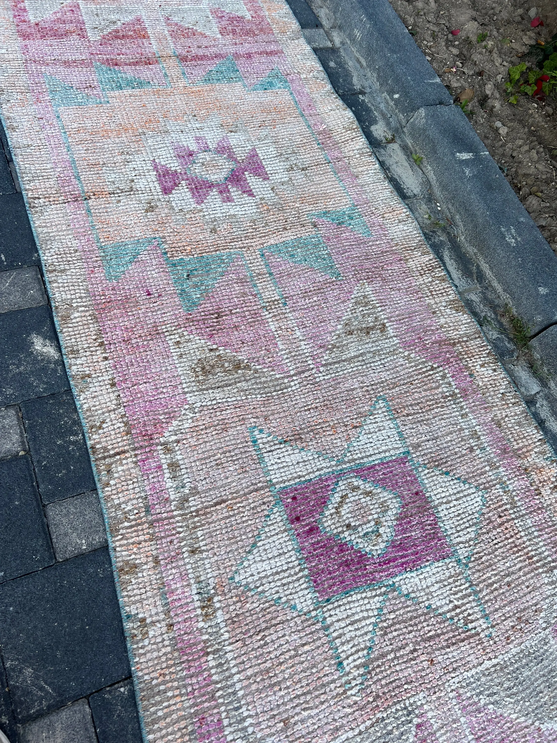 Turkish 3.1x10.7 ft Rug, Runner Vintage Rug, Pink Blue Oriental Wool Rug - 1