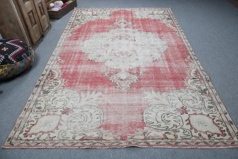 Turkish Vintage Rug, 6.2x10.1 ft Large Rug, Red White Solid Rug - 1