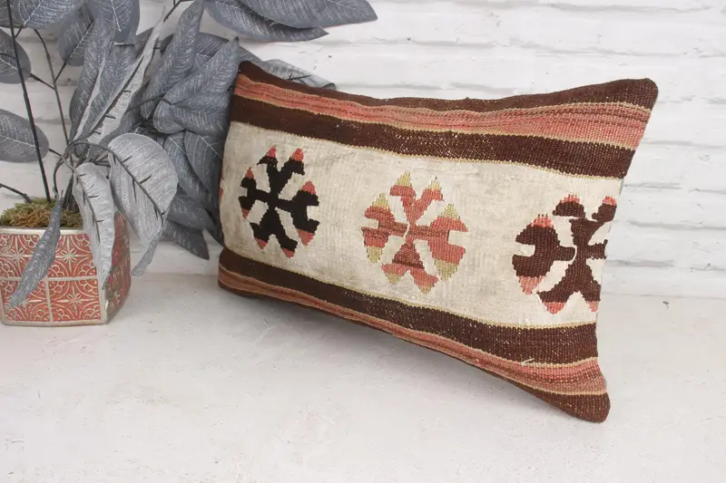 Vintage Kilim Pillow, Boho Pillow, 12x20 Brown Pillow Cover, Interior Designer Pillow, Retro Throw Pillow, Pillow Case, Bolster Pillow Cover - 4