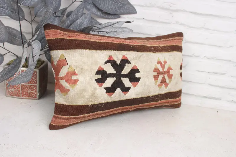 Vintage Kilim Pillow, Boho Pillow, 12x20 Brown Pillow Cover, Interior Designer Pillow, Retro Throw Pillow, Pillow Case, Bolster Pillow Cover - 3