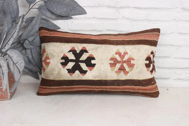 Vintage Kilim Pillow, Boho Pillow, 12x20 Brown Pillow Cover, Interior Designer Pillow, Retro Throw Pillow, Pillow Case, Bolster Pillow Cover - 1