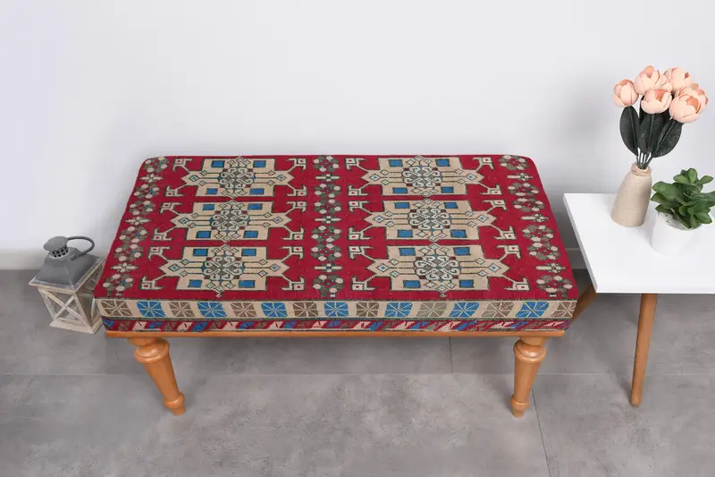 Scandinavian Ottoman in Red & Bronze, Kilim-Inspired Wool Blend Ottoman