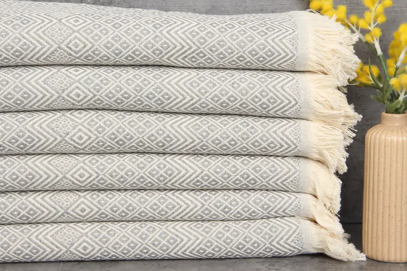 Embroidered Beach Towel Gray Turkish Cotton, Beige, 40x71 Inches