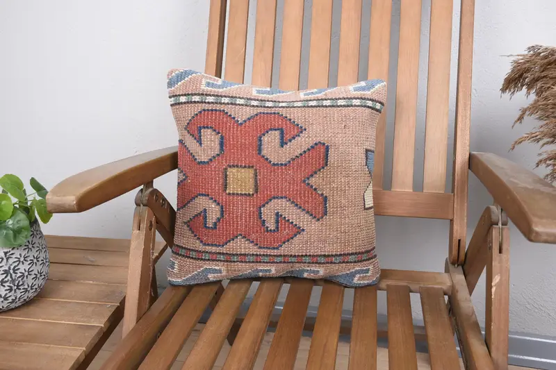 Geometric Turkish Pink Pillowcase, Wool Antique 14x14 inch Pillow Cover - 1