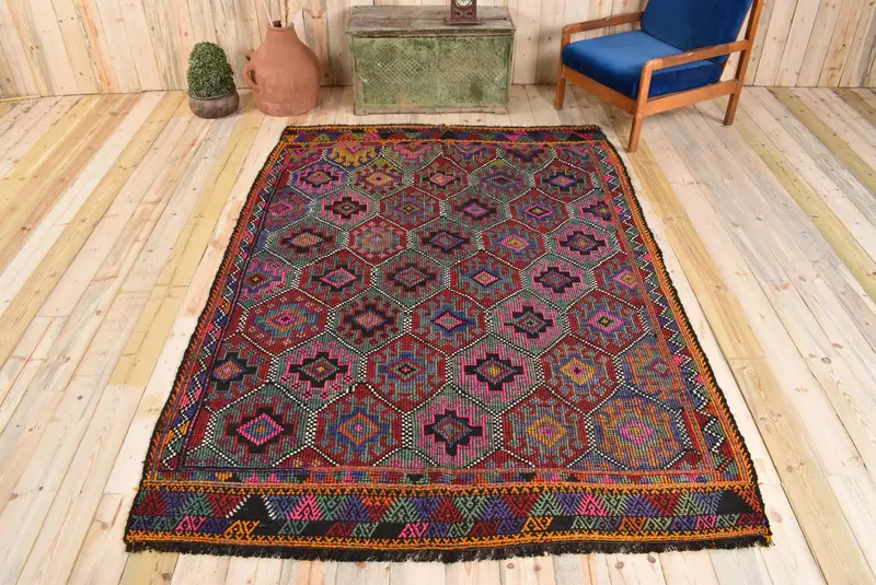 Yeşil Soyut Halı, Kırmızı Desenli 5,9x8,4 ft