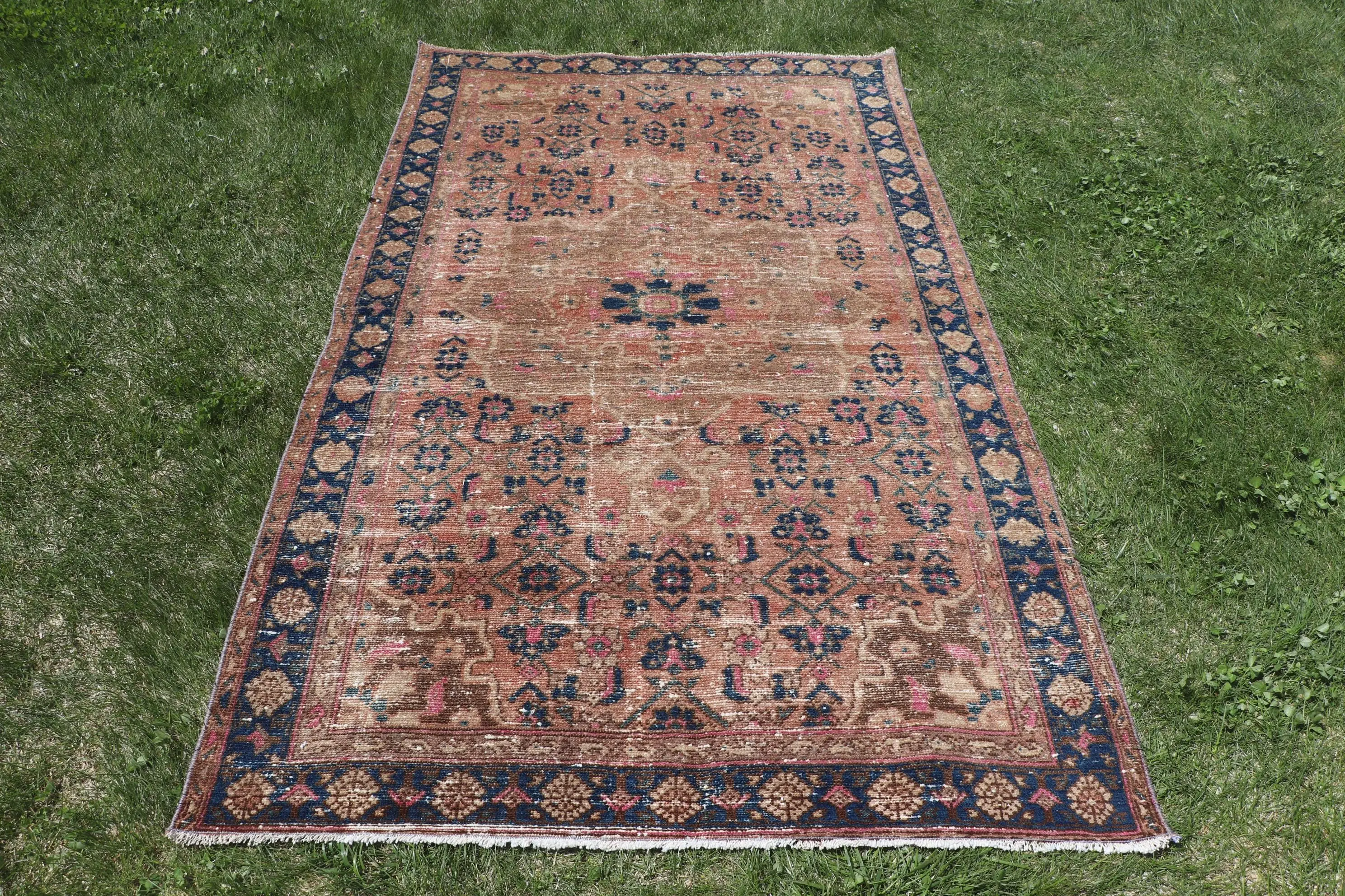 Vintage Turkish Area Rug 3.8x6.5 ft, Brown Blue Floral Wool Rug - 1