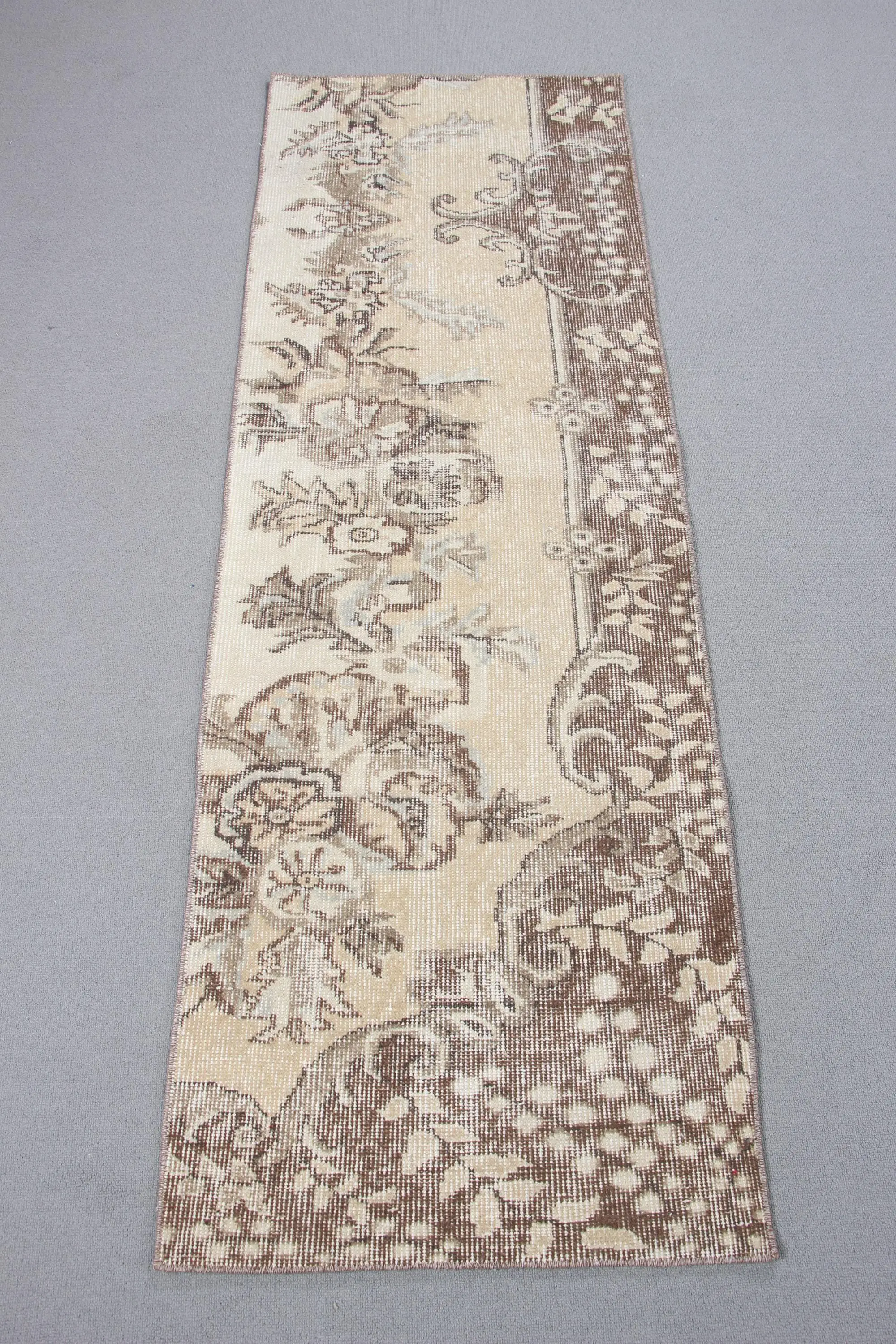 Vintage Rug 2.1x6.2 ft (63x189 cm), Brown Oriental Turkish Rug - 1