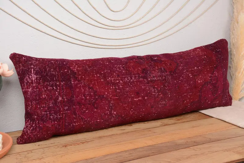 Rot & Braun besticktes Wurfkissen, 16x48 handgemachtes Leinenkissen