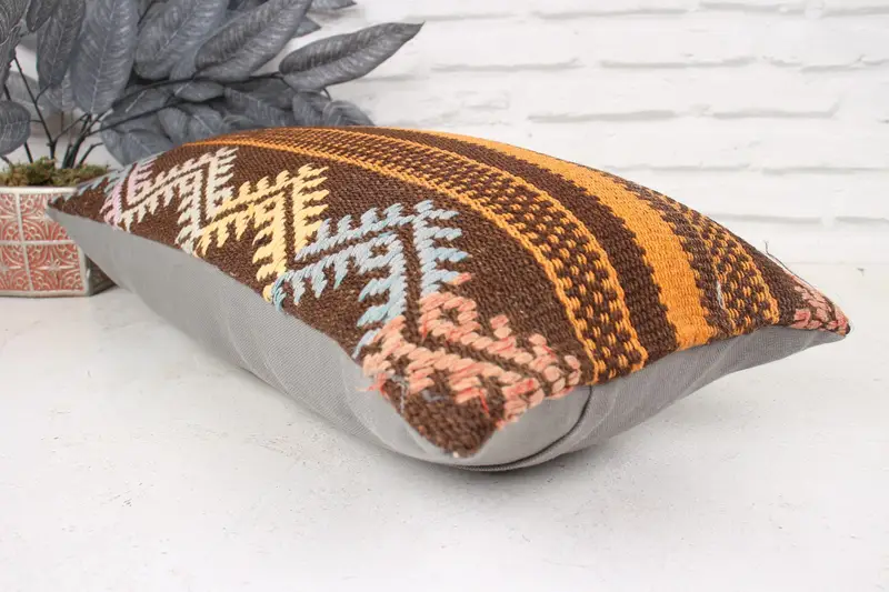 Pillow Case, 12x24 Brown Cushion, Decorative Bolster Cushion Case, Boho Pillow Sham Cover, Vintage Kilim Throw Pillow, Kilim Cushion Sham - 6
