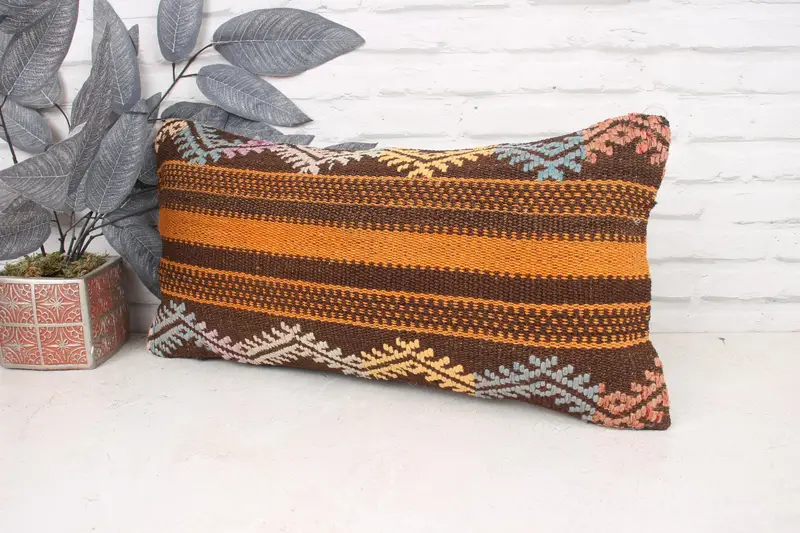 Pillow Case, 12x24 Brown Cushion, Decorative Bolster Cushion Case, Boho Pillow Sham Cover, Vintage Kilim Throw Pillow, Kilim Cushion Sham - 4