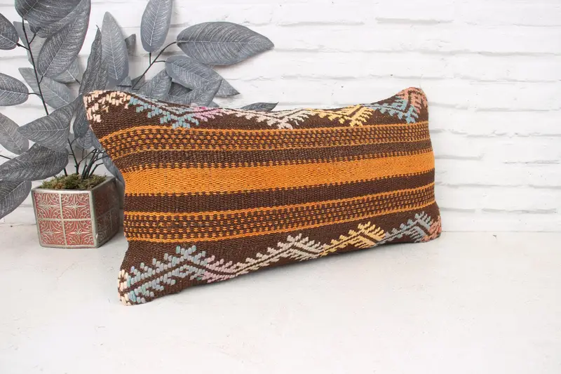 Pillow Case, 12x24 Brown Cushion, Decorative Bolster Cushion Case, Boho Pillow Sham Cover, Vintage Kilim Throw Pillow, Kilim Cushion Sham - 3
