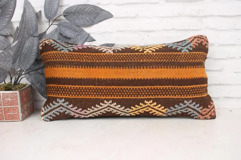 Pillow Case, 12x24 Brown Cushion, Decorative Bolster Cushion Case, Boho Pillow Sham Cover, Vintage Kilim Throw Pillow, Kilim Cushion Sham - 1
