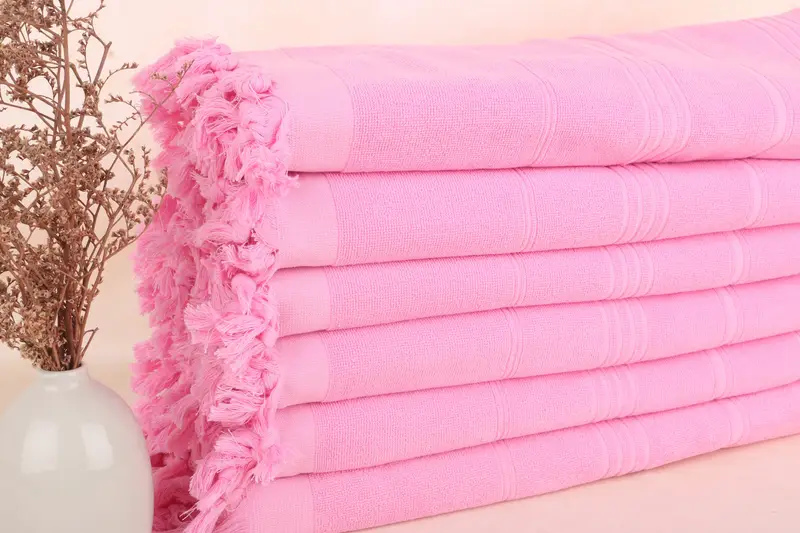 パーソナライズされたピンクテリーストライプバスタオル、トルコ綿、36x71インチ