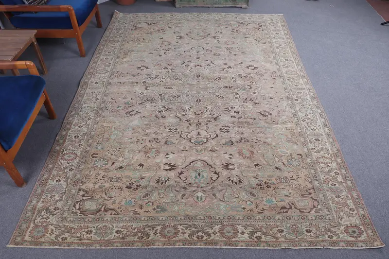 Großer Vintage-Teppich 6,46 x 9,5 Fuß, braun-blauer Teppich aus Wolle - 1