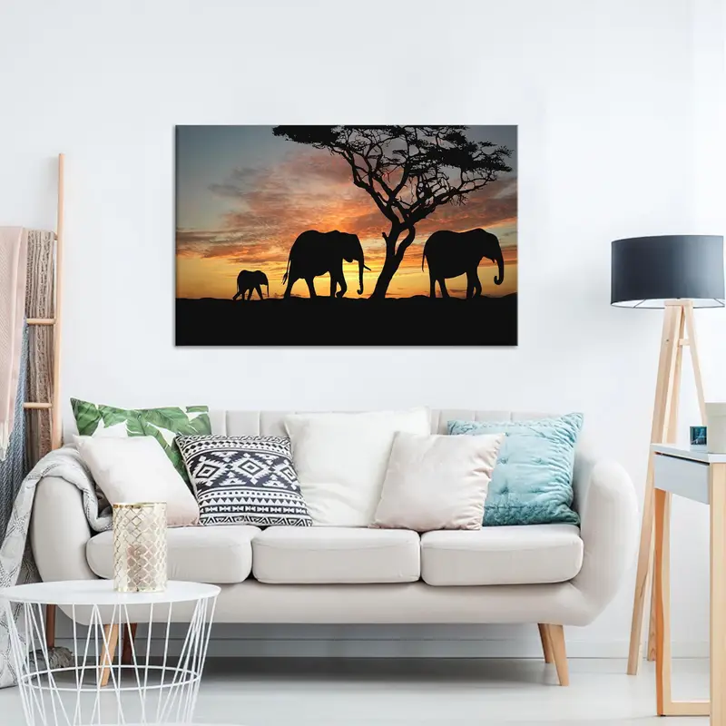 Elegant Elephant Safari Sunset Canvas Print - African Landscape
