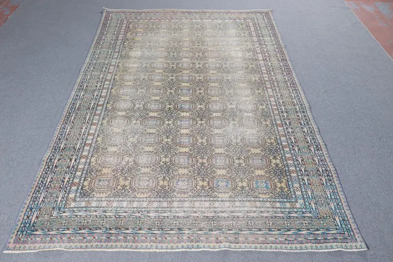 6.4x9.5 ft Büyük Türk Halısı, Mavi Bitkiler ve ağaçlar Vintage Halı - 1
