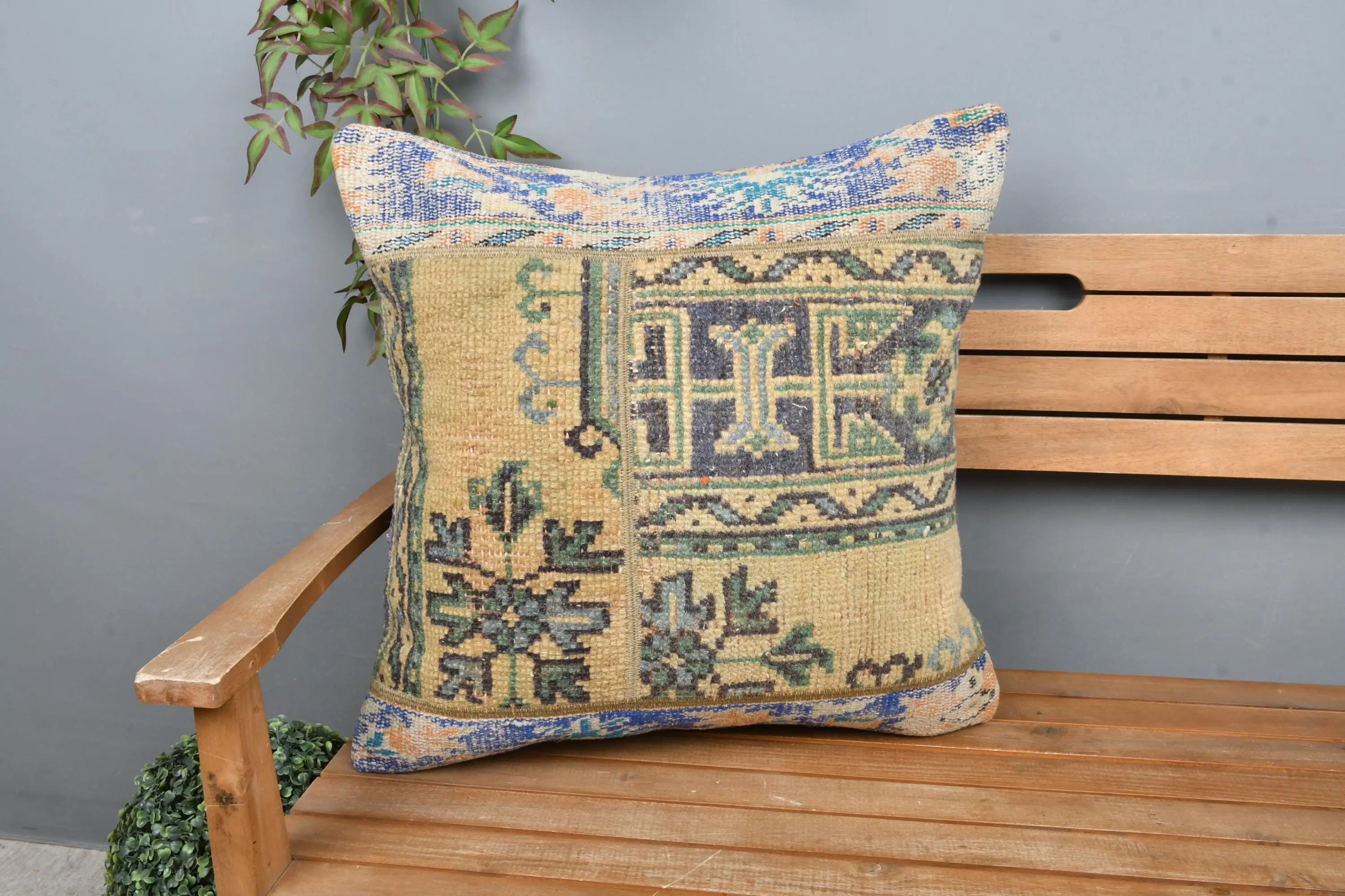 Handmade Green & Orange Embroidered Pillow, Vintage Throw Pillow - 1