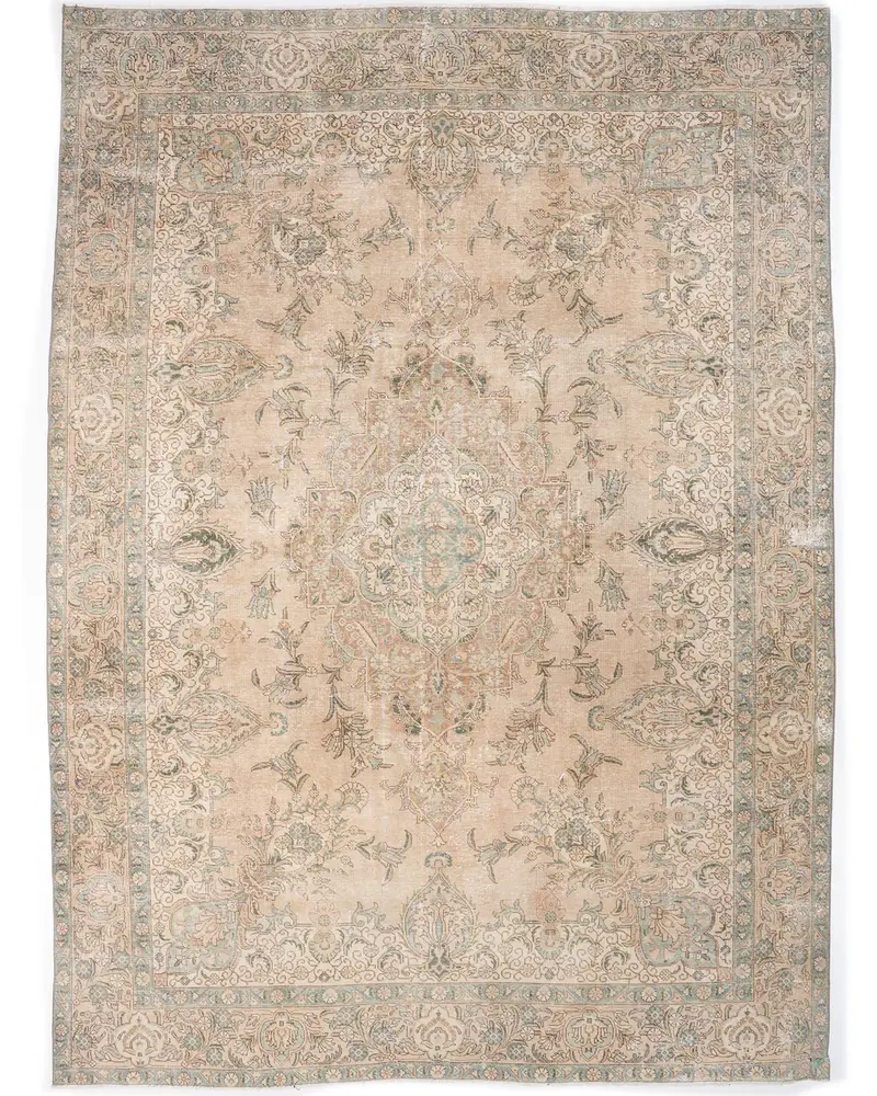 Zarif Bej ve Yeşil Halı, 9,4x12,6 ft Botanik Tasarım