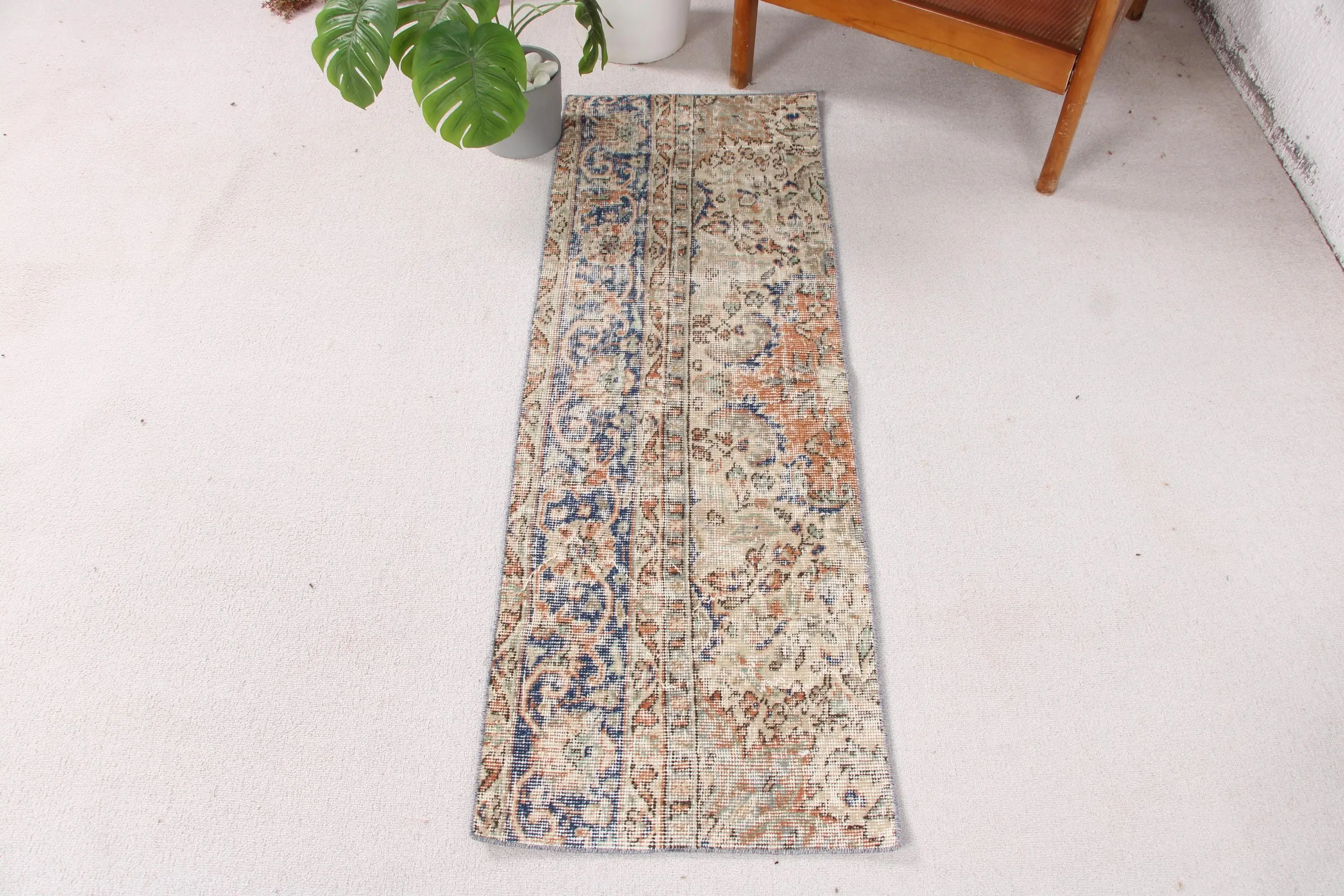 Turkish Small Rug 1.6x4.8 ft (49x147 cm), Vintage Blue Animal Print Wool Rug - 1