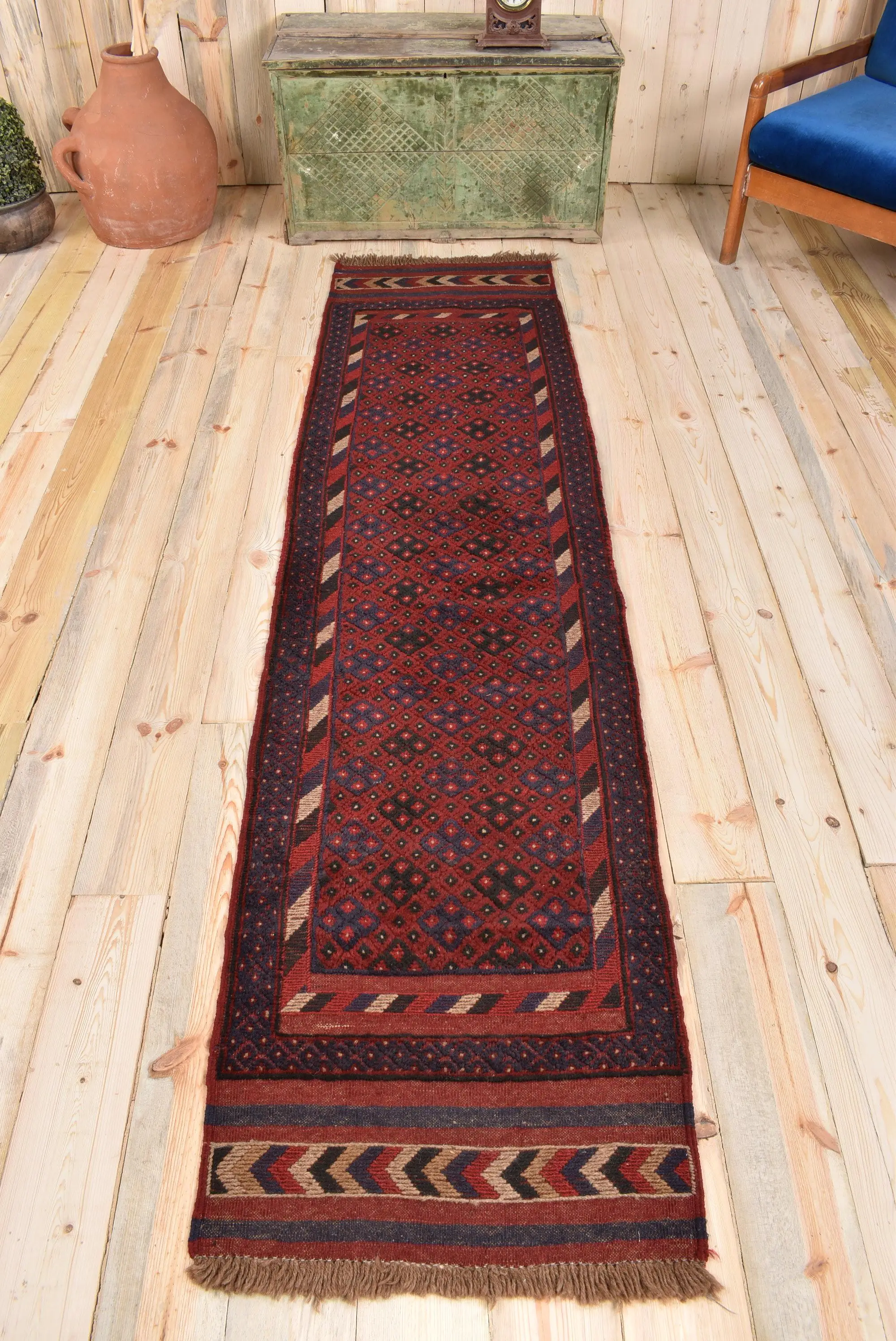 Vintage Turkish Rug, 1.9x8.1 ft Rug, Red Runner Floral Rug - 1