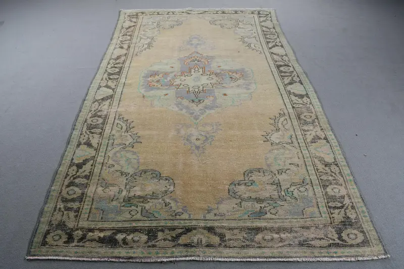 Vintage Türk Oushak Halısı 5.3x8.8 ft (162x269 cm), Mavi Bordürlü Yün Halı - 1