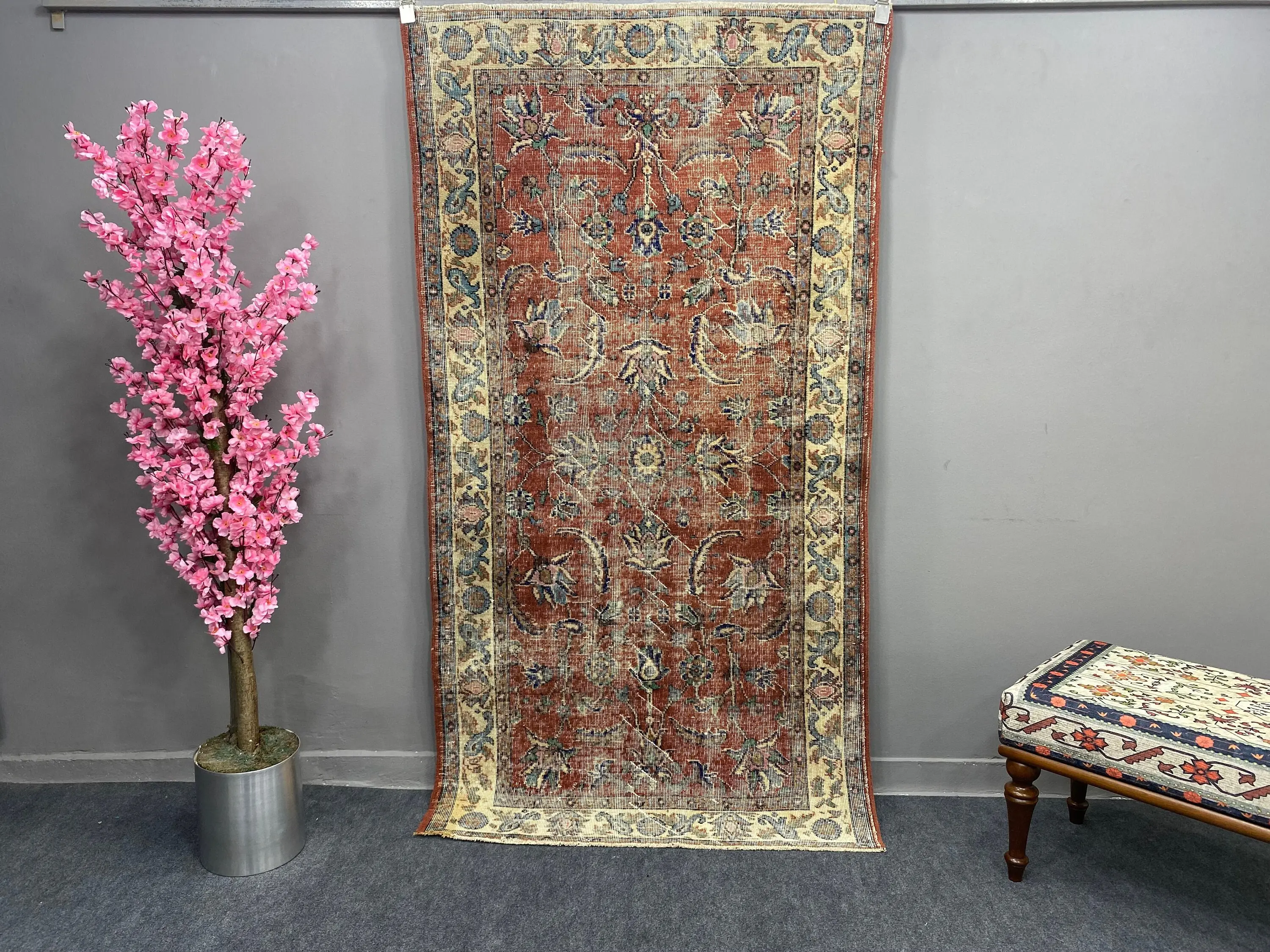Turkish Vintage Rug 3.7x6.9 ft, Red Plants & trees Rug - 1