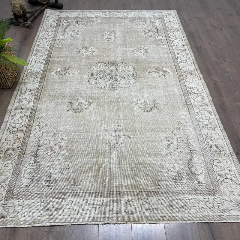 Turkish Oushak Large Rug 5.7x9.2 ft (175x279 cm), Vintage Gray Striped Wool Rug - 1