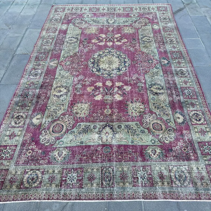 Pink Persian Rug, 8x13 ft, Elegant Green Accents
