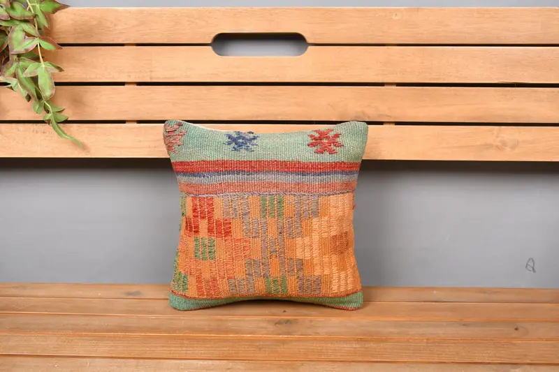 Throw Kilim Pillow, Bolster Pillow Case, Lounge Throw Pillow Cover, Kilim Pillow Cover, Boho Pillow, 12x12 Orange Cushion, Pillow Sham - 6