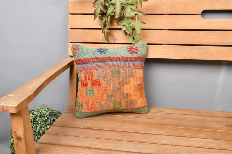 Throw Kilim Pillow, Bolster Pillow Case, Lounge Throw Pillow Cover, Kilim Pillow Cover, Boho Pillow, 12x12 Orange Cushion, Pillow Sham - 1