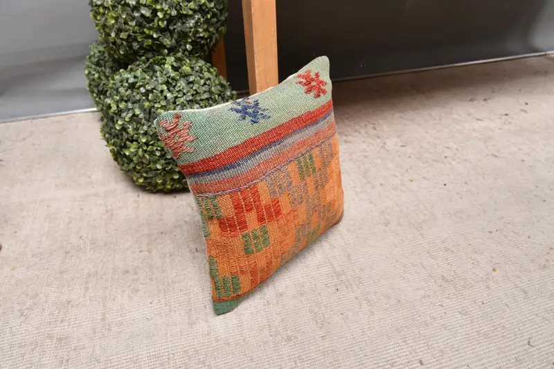 Throw Kilim Pillow, Bolster Pillow Case, Lounge Throw Pillow Cover, Kilim Pillow Cover, Boho Pillow, 12x12 Orange Cushion, Pillow Sham - 7