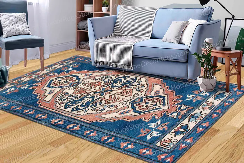 Lacivert Aztek Kilim Baskılı Halı, Antik Stil Vintage Tasarım