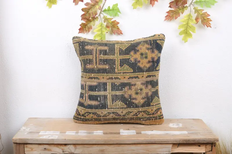 Blaues, braunes geometrisches Kissen, 16x16 handgemachtes Kissen