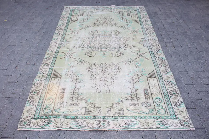 Turkish Large Rug 5.1x8.9 ft, Green Blue Rug Wool - 1