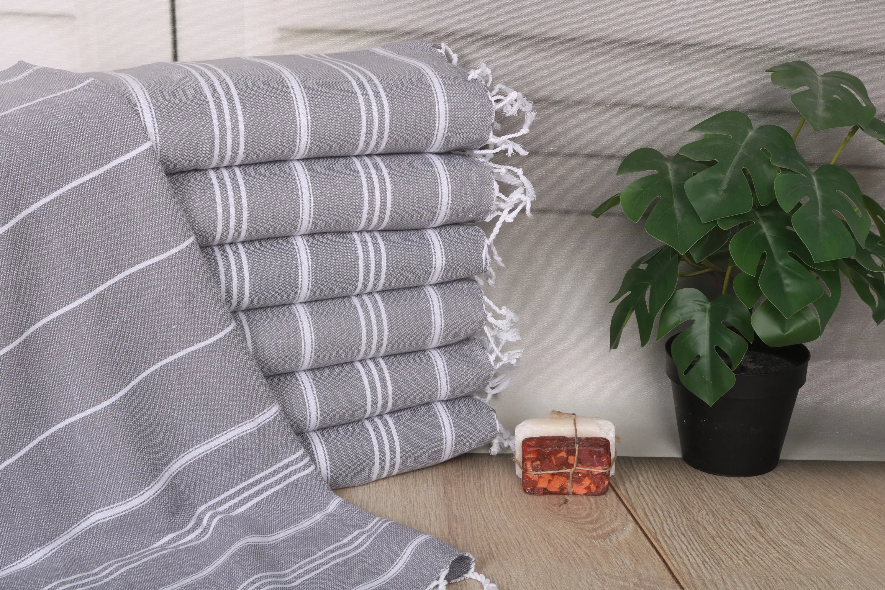 Personalized Hand Towel Dark Gray Cotton Striped, 24x40 Inches - 1