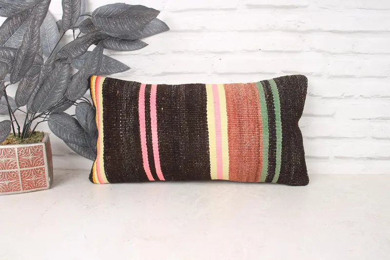 Bohemian Cushion Pillow Case, Kilim Pillow, Vintage Kilim Pillow, 10x20 Pink Cushion Case, Vintage Kilim Throw Pillow, Pillow - 1
