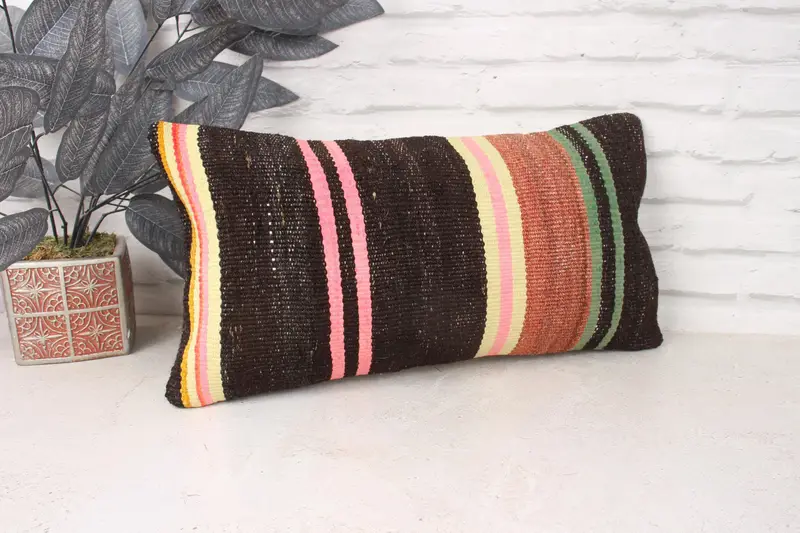Bohemian Cushion Pillow Case, Kilim Pillow, Vintage Kilim Pillow, 10x20 Pink Cushion Case, Vintage Kilim Throw Pillow, Pillow - 3
