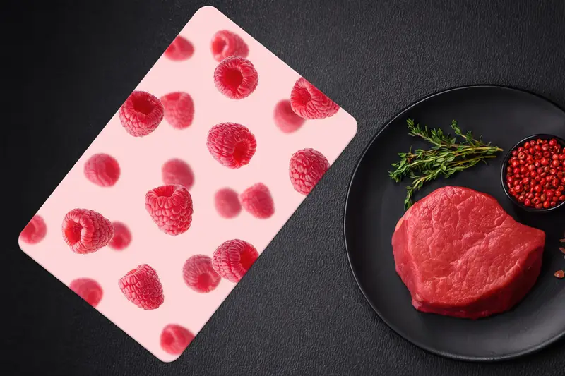 Tabla de cortar de vidrio con estampado de frutas y diseño de seguridad templado