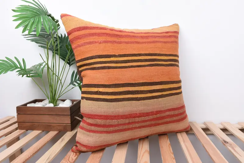 Ethnical Kilim Rug Pillow, 24x24 Orange Pillow Sham, Pillow Cover, Cozy Throw Pillow Case, Bed Pillow Case, Vintage Pillow, Turkish Pillow - 4