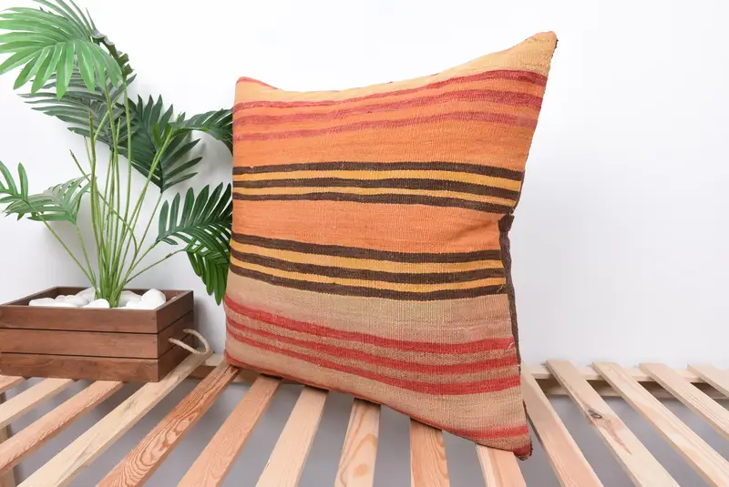 Ethnical Kilim Rug Pillow, 24x24 Orange Pillow Sham, Pillow Cover, Cozy Throw Pillow Case, Bed Pillow Case, Vintage Pillow, Turkish Pillow - 5