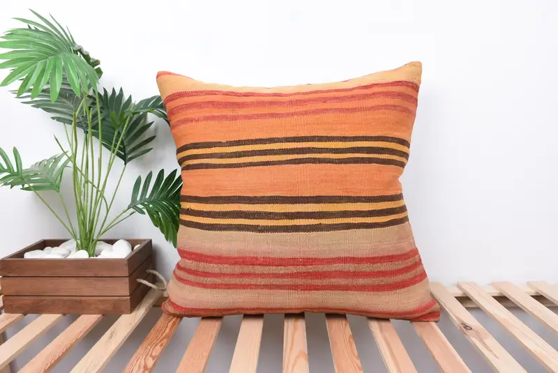 Ethnical Kilim Rug Pillow, 24x24 Orange Pillow Sham, Pillow Cover, Cozy Throw Pillow Case, Bed Pillow Case, Vintage Pillow, Turkish Pillow - 1