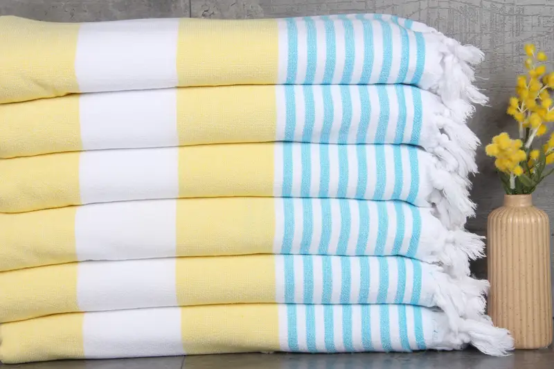 Embroidered Turkish Beach Towel Yellow-Turquoise Stripes, Terry, 36x67 Inches