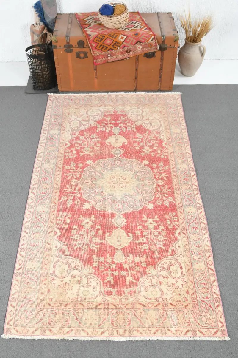 Türk Halısı, Alan 3.6x6.9 ft Vintage Halı, Kırmızı Katı Yün Halı - 1