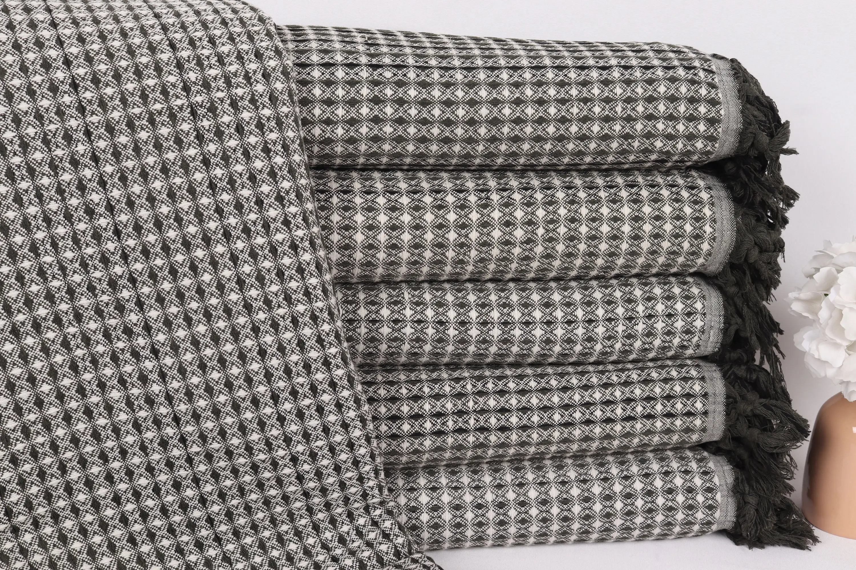 Woven Khaki Green Striped Turkish Cotton Blanket, 71x95 Inches - 1