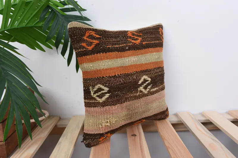 Cushion Case, Vintage Pillow, Turkish Rugs Pillow Cover, Pillow for Sofa, 12x12 Brown Cushion, Kilim Rug Pillow Case, Vintage Kilim Throw Pillow - 4