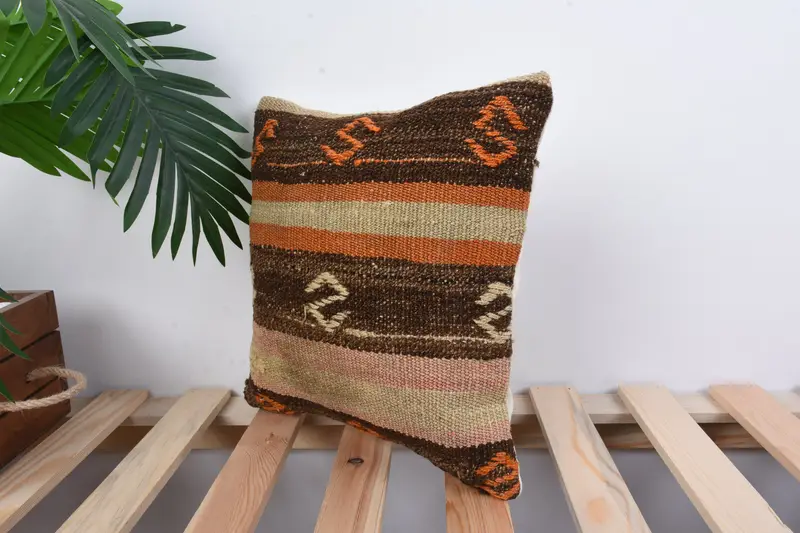 Cushion Case, Vintage Pillow, Turkish Rugs Pillow Cover, Pillow for Sofa, 12x12 Brown Cushion, Kilim Rug Pillow Case, Vintage Kilim Throw Pillow - 5