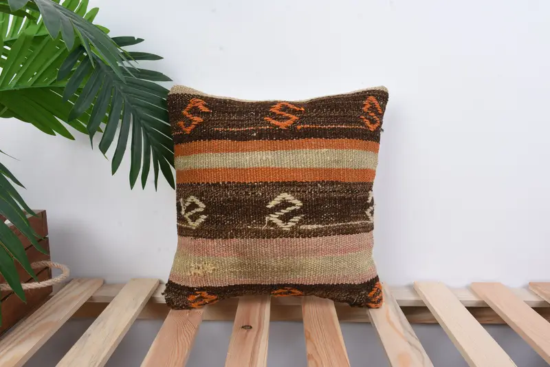 Cushion Case, Vintage Pillow, Turkish Rugs Pillow Cover, Pillow for Sofa, 12x12 Brown Cushion, Kilim Rug Pillow Case, Vintage Kilim Throw Pillow - 1