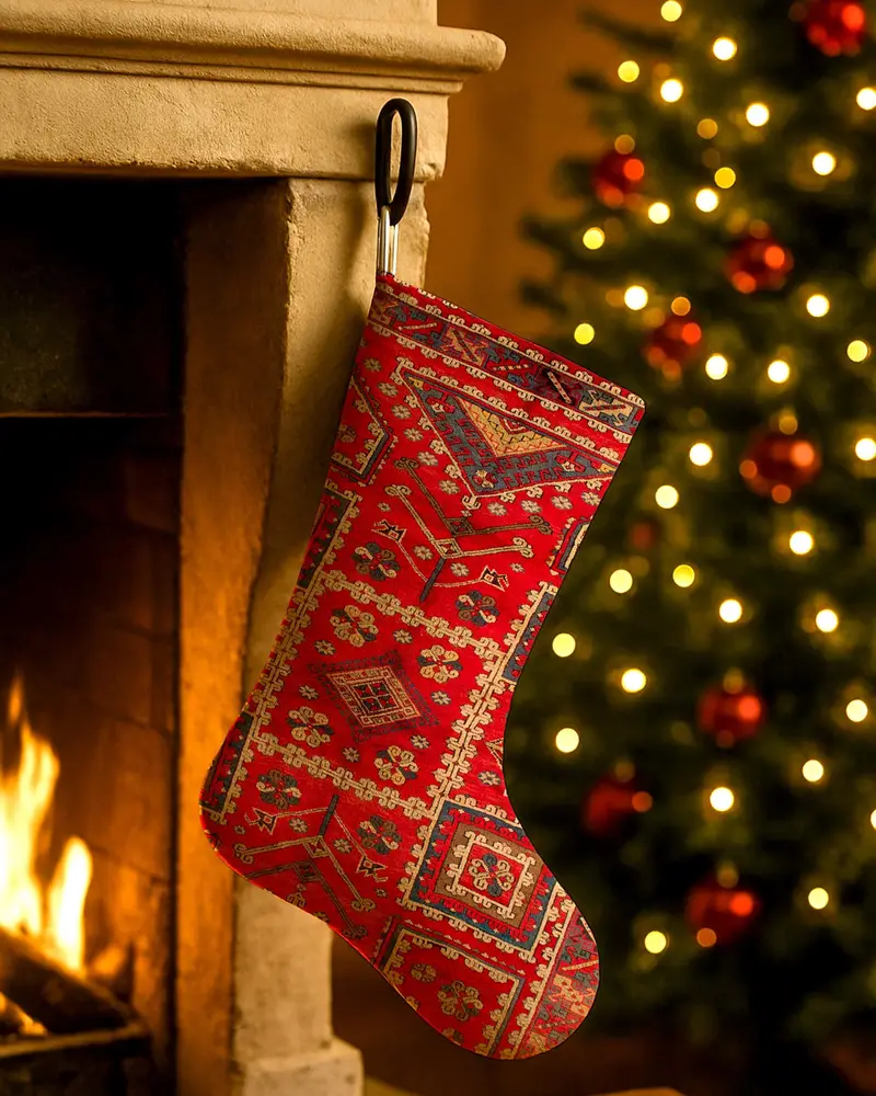 Calcetín navideño festivo rojo y beige, decoración navideña de 20 pulgadas de ancho