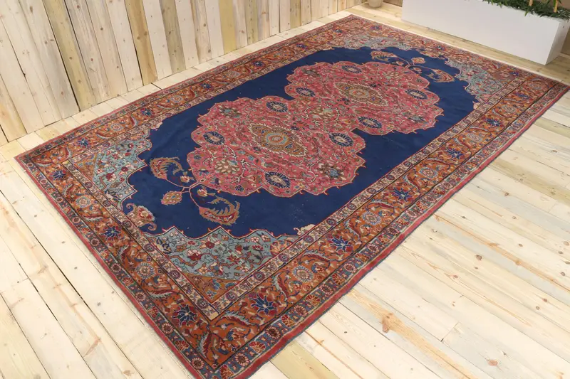 Vintage Büyük Boy Halı, 7.8x12 ft Türk Halısı, Mavi Oushak Yün Halı - 1