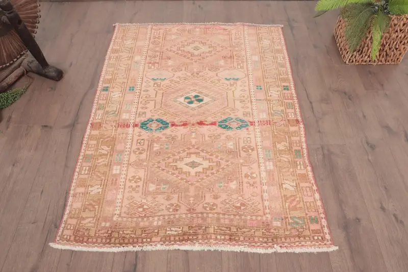 Türk Vintage Oushak Halı 3.3x4.5 ft (100x137 cm), Kırmızı Ombré Yün Halı - 1